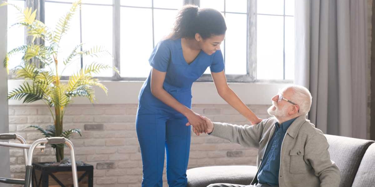 smiling woman doctor helping senior man